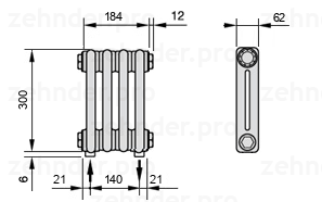 Схема (чертеж) Радиатор Zehnder Charleston 2030/4 №3570 Белый глянцевый RAL 9016